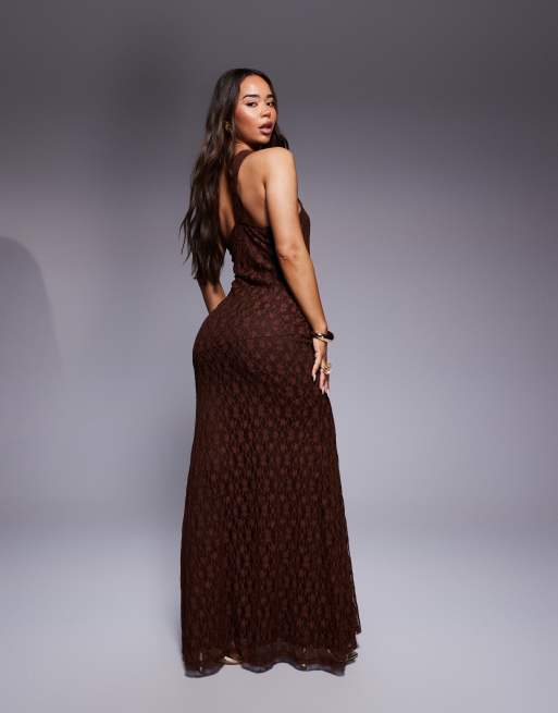 ASOS DESIGN ring detail one shoulder with gauging detail maxi dress in brown, 4 of 4