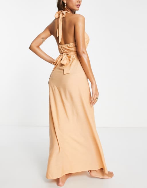 ASOS DESIGN ring detail split maxi beach dress in peach