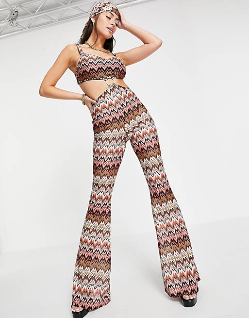 Women ring detail wide leg jumpsuit in 70s knit with matching bandana 