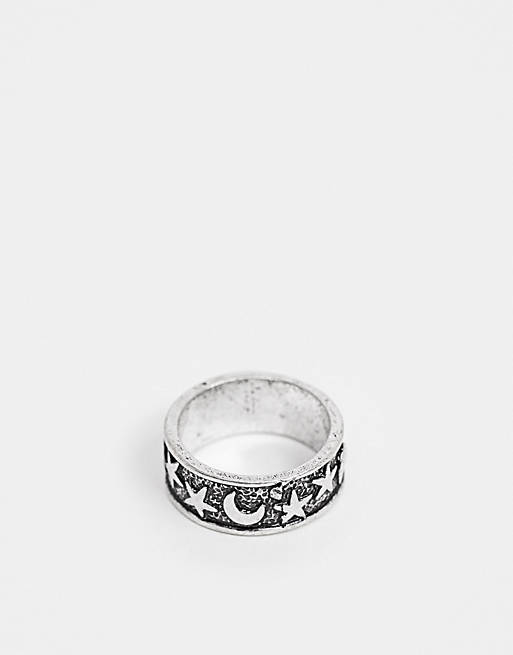 ASOS DESIGN - Ring i poleret sølvfarve med stjerne- og månedetalje 