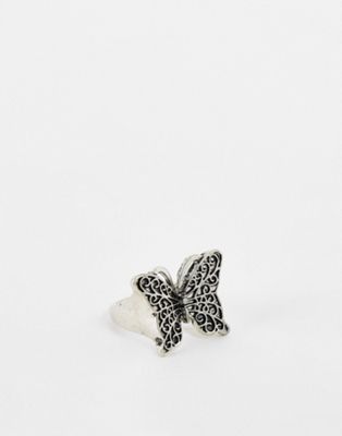ASOS DESIGN ring in burnished butterfly design in silver tone
