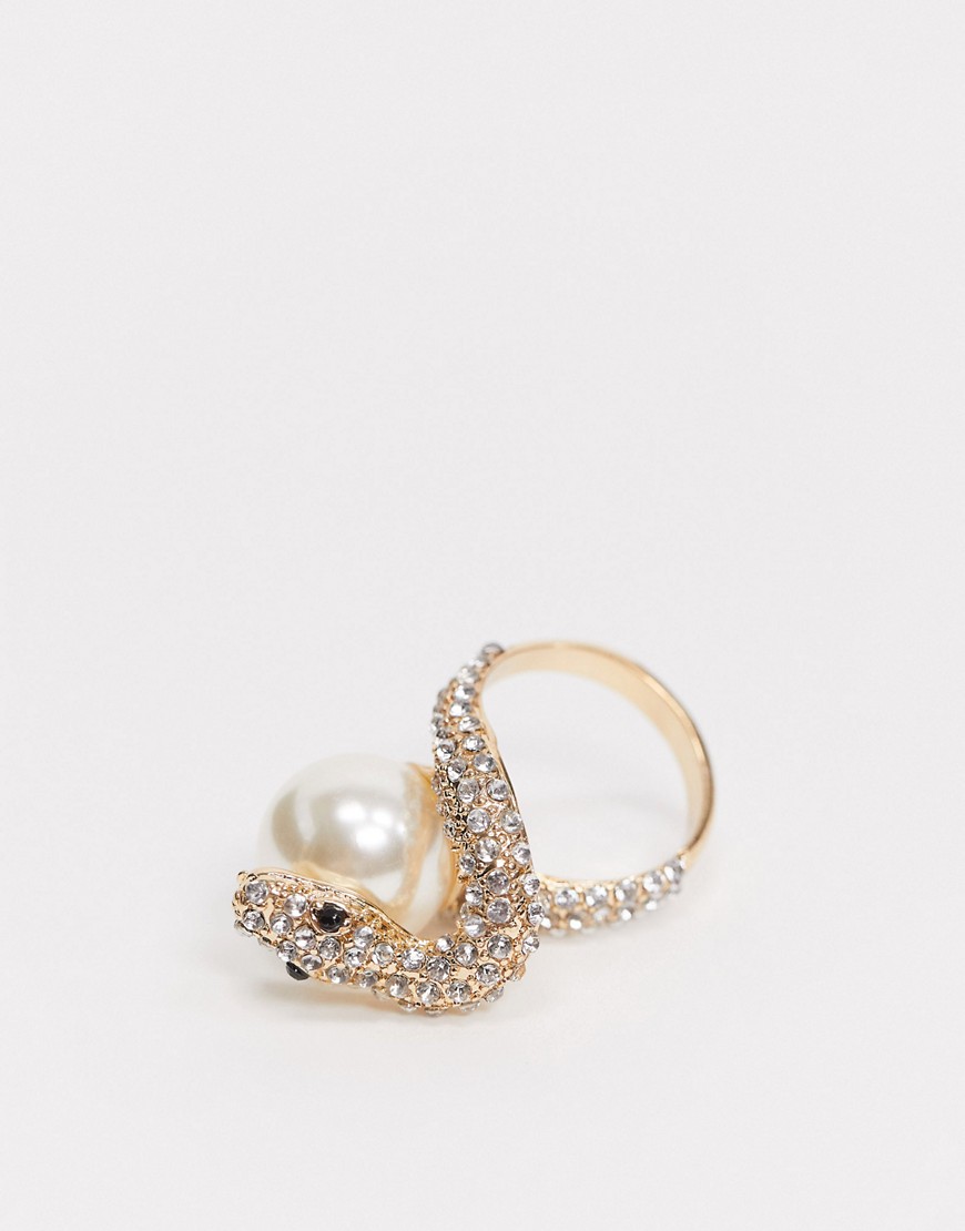 ASOS DESIGN ring in crystal snake and pearl design in gold tone