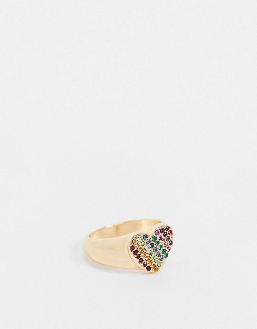 ASOS DESIGN ring in heart shape with rainbow pave crystal stones in gold tone