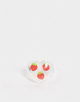 ASOS DESIGN ring in heart shape with trapped strawberries in clear plastic