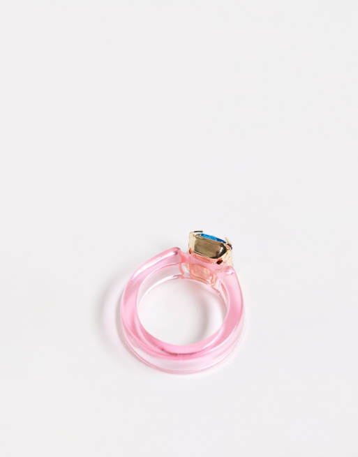 ASOS DESIGN plastic ring with crystal cupchain in blue