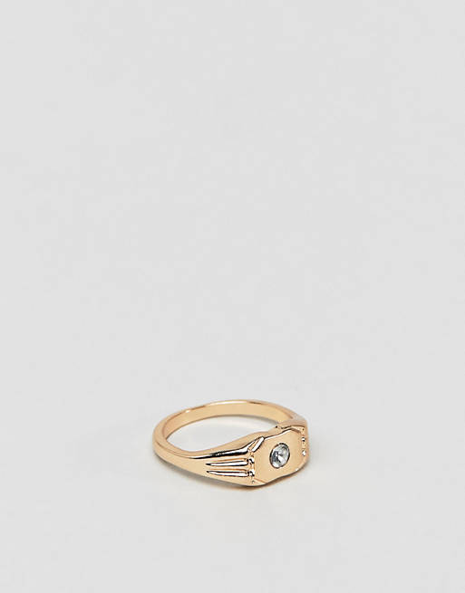 ASOS DESIGN ring in sleek sovereign design with crystal detail in gold