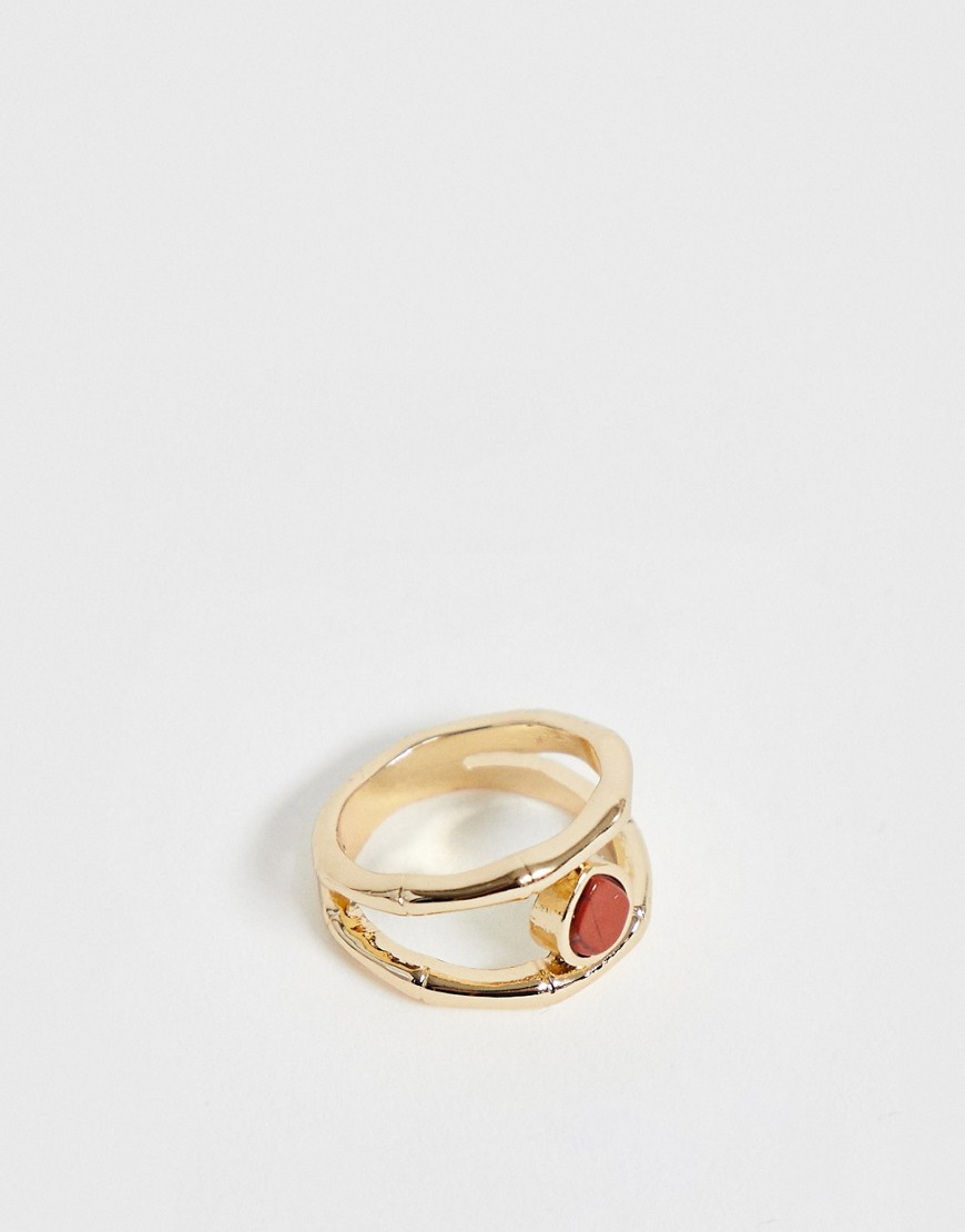 ASOS DESIGN ring in split bamboo design with semi-precious red jasper stone in gold tone