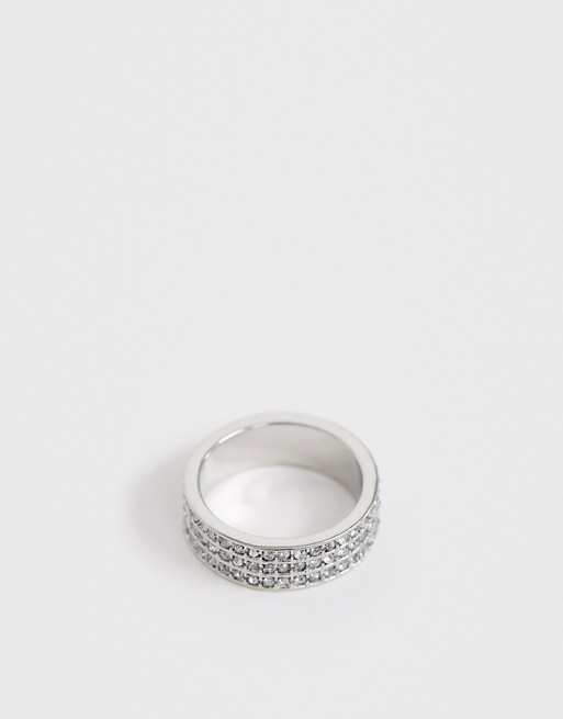 ASOS DESIGN ring in triple row crystal in silver tone