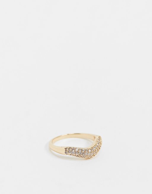 Asos Design Ring In V Shape With Crystals In Gold Tone Asos