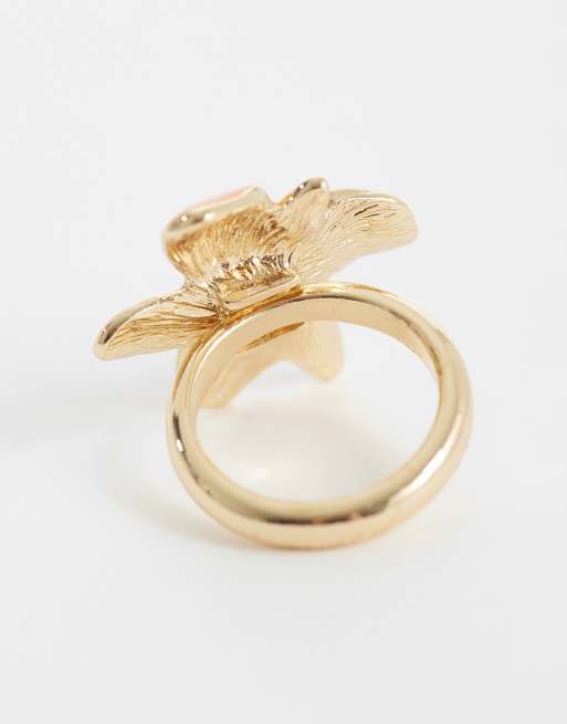 ASOS DESIGN ring med blomsterdesign i klar orange emalje, 2 af 3