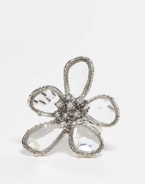ASOS DESIGN - Ring met bloem met kristallen in zilverkleur - view 1