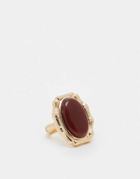 ASOS DESIGN - Ring met echte halfedelsteen en bamboe-ontwerp in goudkleur - view 1