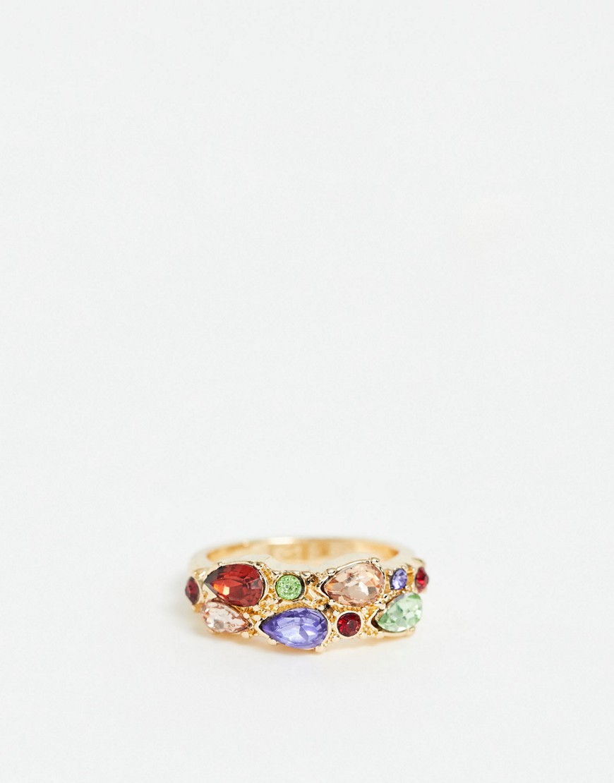 ASOS DESIGN - Ring met gekleurde siersteentjes in goudskleur