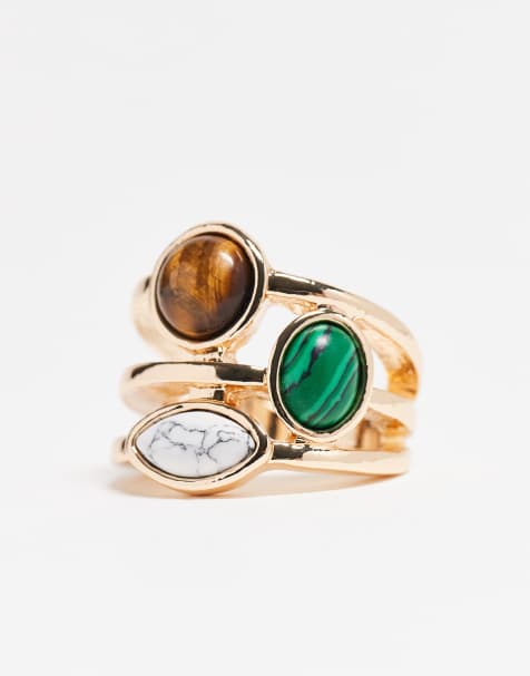 ASOS DESIGN - Ring met meerdere bandjes en imitatie-halfedelstenen in goudkleur - view 1