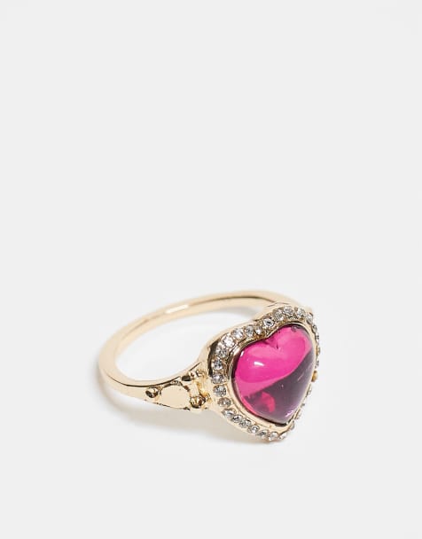 ASOS DESIGN - Ring met roze kristallen hart en siersteentjes in goudkleur - view 1