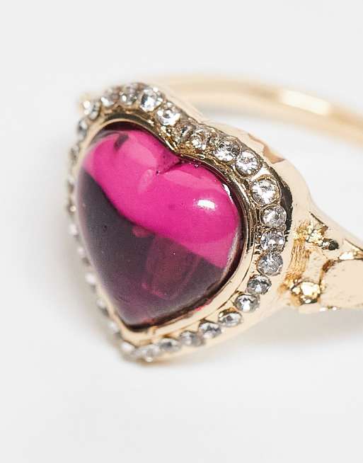 ASOS DESIGN - Ring met roze kristallen hart en siersteentjes in goudkleur, 3 van 3
