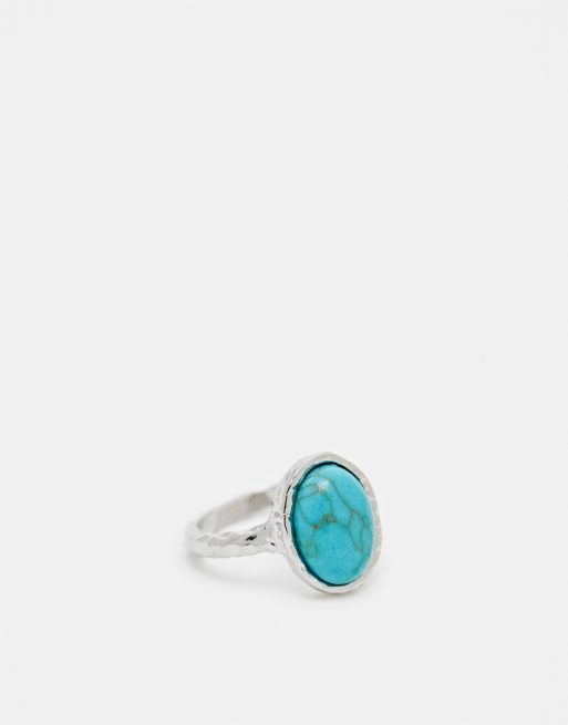 ASOS DESIGN - Ring met turquoise halfedelsteen in zilverkleur 