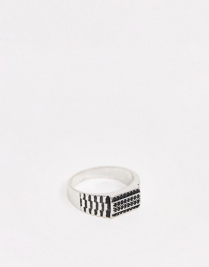ASOS DESIGN - Ring met zwarte en doorzichtige stenen in verouderde zilverkleur