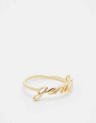 ASOS DESIGN - Ring mit 14-Karat-Vergoldung, „Gemini"-Sternzeichenschriftzug und Geschenkbeutel-Goldfarben