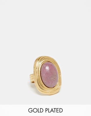 ASOS DESIGN - Ring mit 14-Karat-Vergoldung und echtem Halbedelstein-Goldfarben