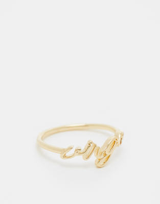 ASOS DESIGN - Ring mit 14-Karat-Vergoldung, „Virgo"-Sternzeichenschriftzug und Geschenkbeutel-Goldfarben