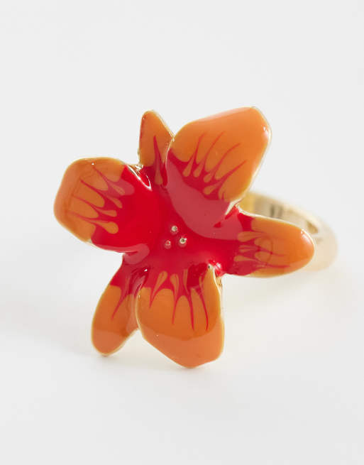 ASOS DESIGN Ring mit Blumenmotiv in leuchtend orangefarbener Emaille, 3 von 3