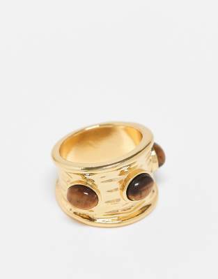 ASOS DESIGN - Ring mit echten Tigerauge-Halbedelsteinen und 14-Karat-Vergoldung-Goldfarben