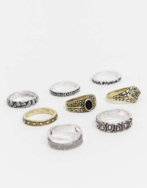 ASOS DESIGN ring pack with black onyx stone in burnished gold and ...