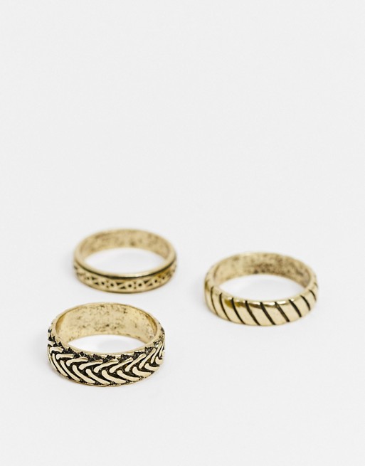 ASOS DESIGN ring pack with embossing in burnished gold tone