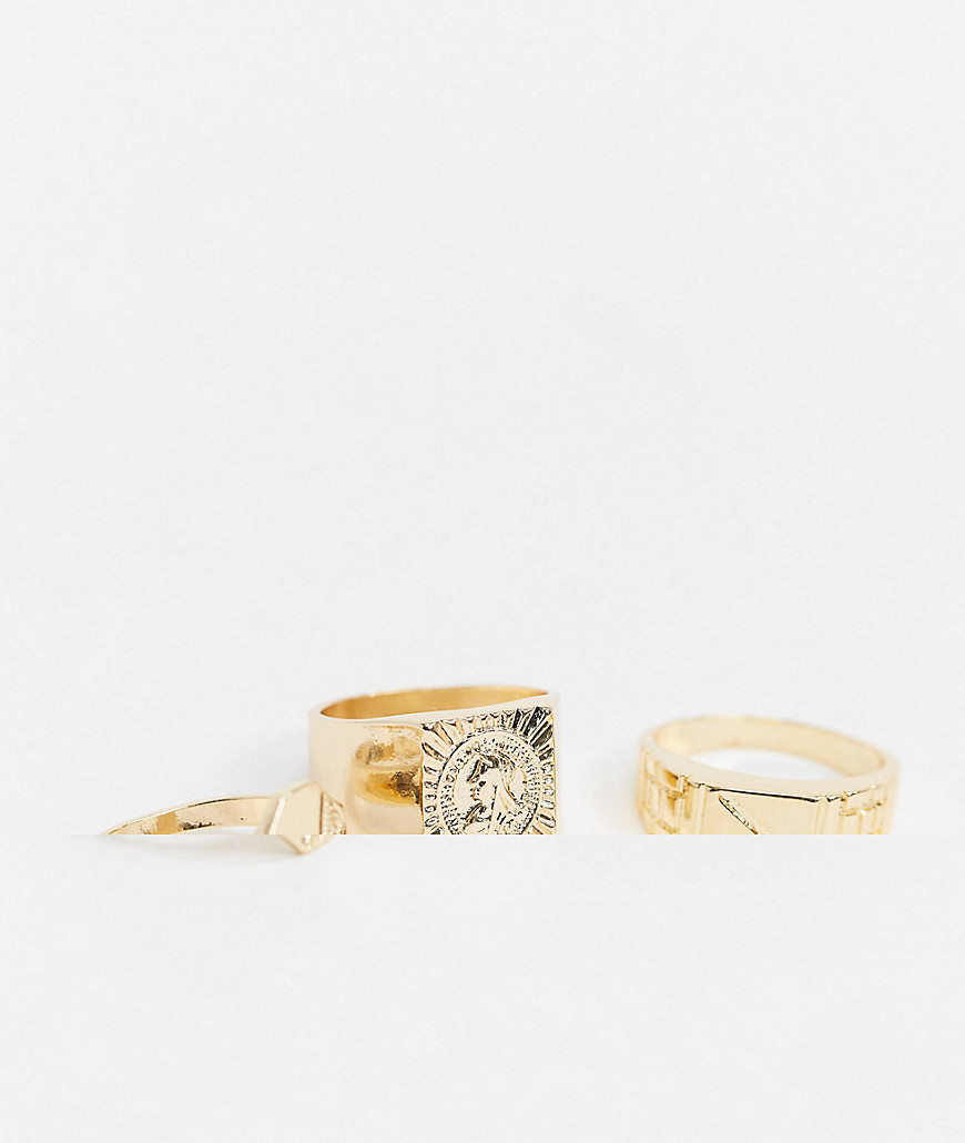 ASOS DESIGN ring pack with roman coin style in shiny gold tone
