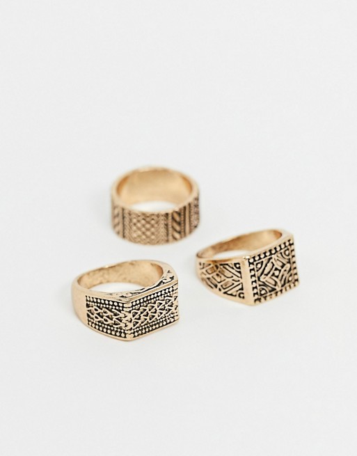 ASOS DESIGN ring pack with textured design in burnished gold