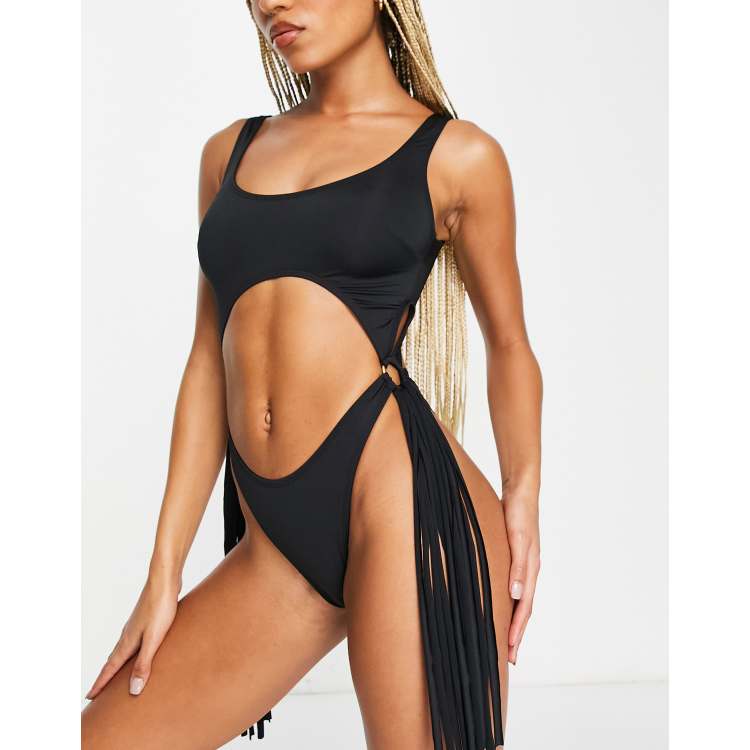 ASOS DESIGN ring side cut out swimsuit with tassel detail in black