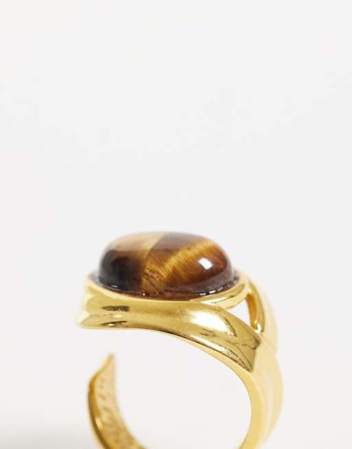 ASOS DESIGN ring van roestvrij staal met tijgeroogsteen in goudkleur, 2 van 3