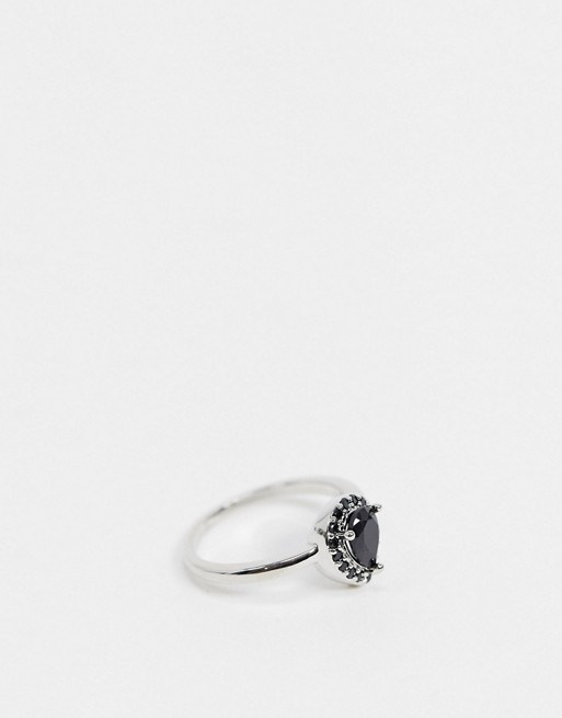 ASOS DESIGN ring with black CZ tear drop crystal stone in silver tone