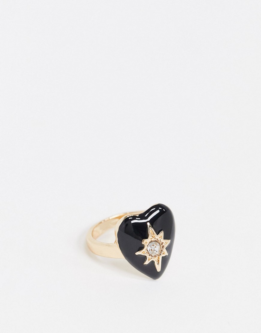 ASOS DESIGN ring with black heart and crystal in gold tone