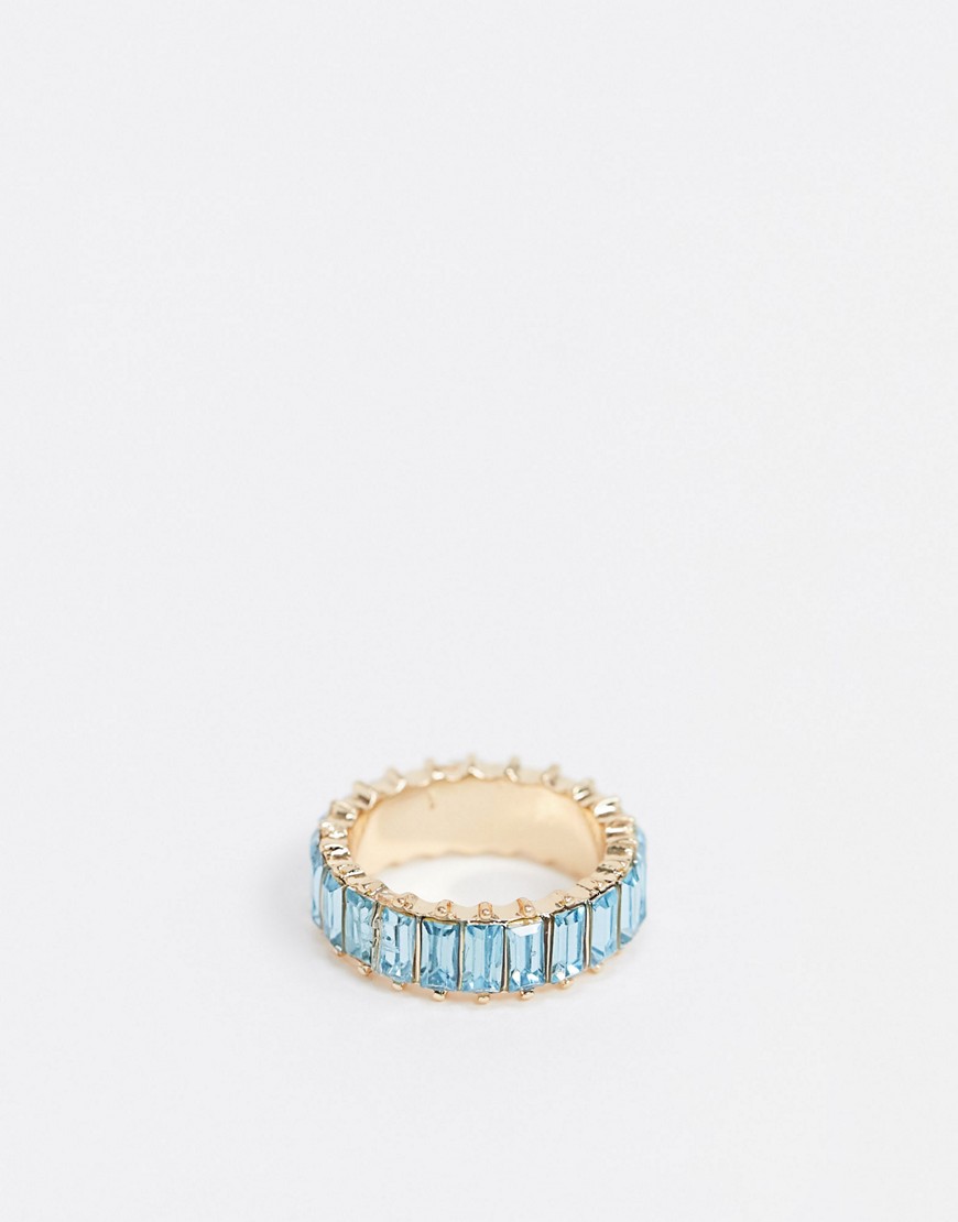 ASOS DESIGN ring with blue baguette crystal stones in gold tone