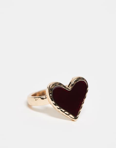 ASOS DESIGN ring with burgundy resin heart design in gold tone - view 1