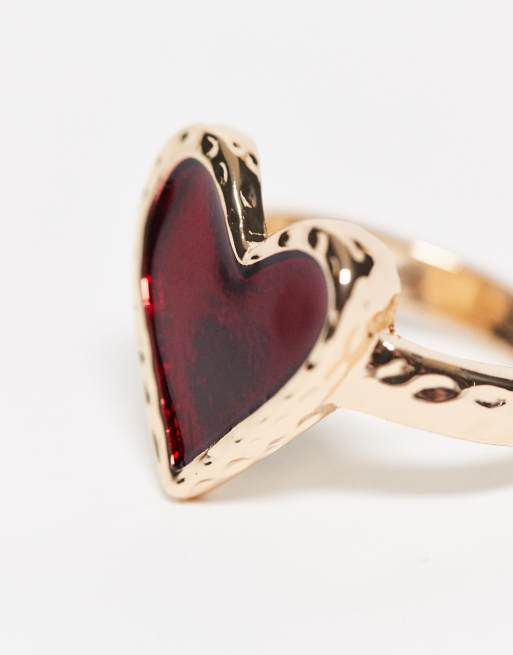 ASOS DESIGN ring with burgundy resin heart design in gold tone, 2 of 3