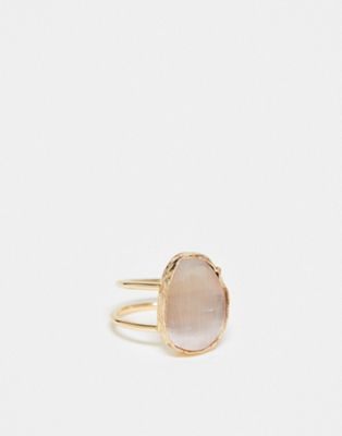 Asos Design Ring With Cat Eye Real Semi Precious Stone In Gold Tone