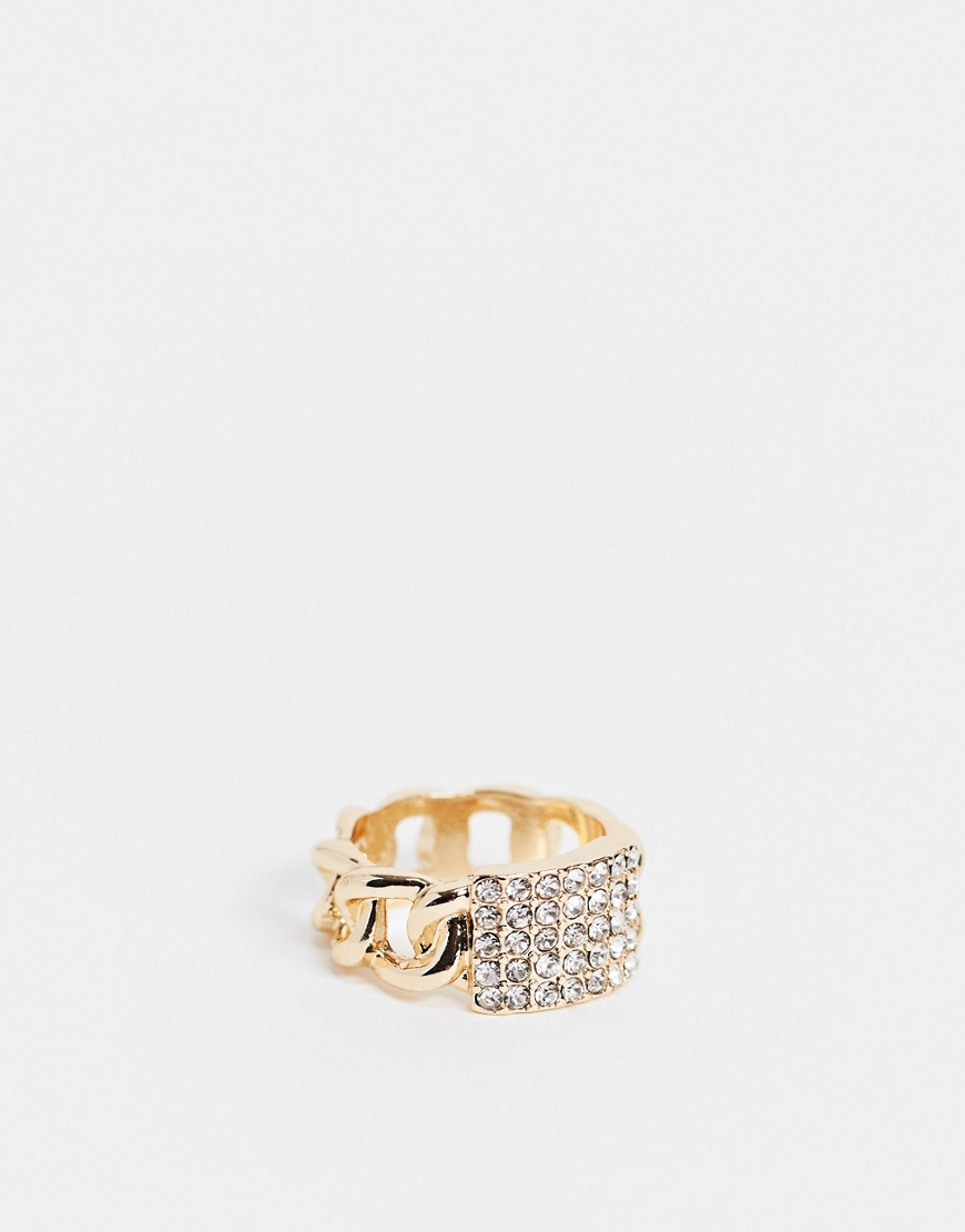ASOS DESIGN ring with chain detail and crystals in gold tone
