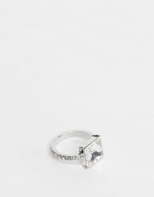 ASOS DESIGN ring with clear square shape crystal stone in silver tone