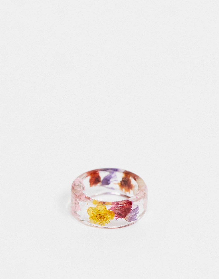 ASOS DESIGN ring with colorful flowers in clear plastic resin-Multi