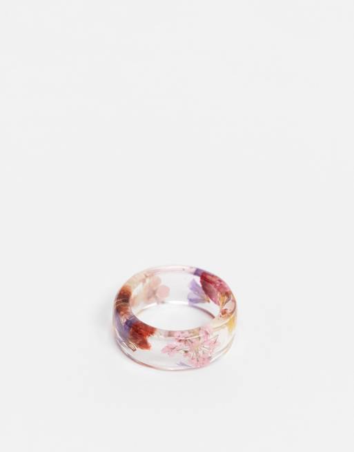 ASOS DESIGN Ring With Colorful Flowers In Clear Plastic Resin atelier