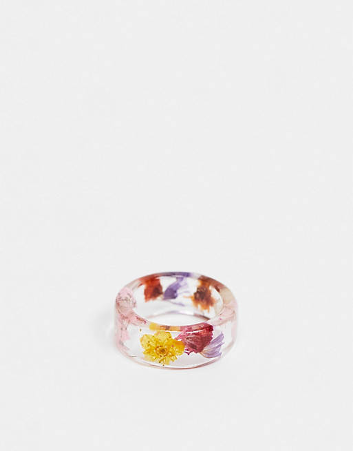 ASOS DESIGN ring with colourful flowers in clear plastic resin