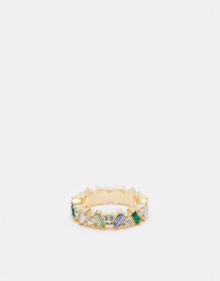 Asos Design Ring With Crystal Baguette Design In Tonal Blue And Green Design-gold