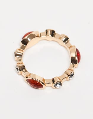 Asos Design Ring With Faux Amber Stone And Faux Crystal Design