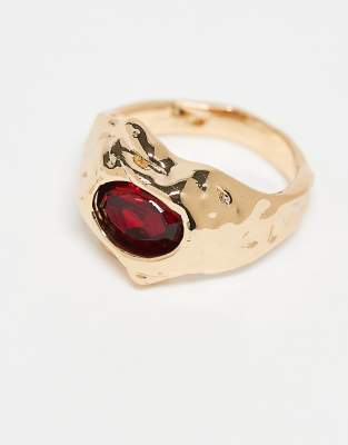 Asos Design Ring With Faux-crystal Stone Set And Molten Band In Gold