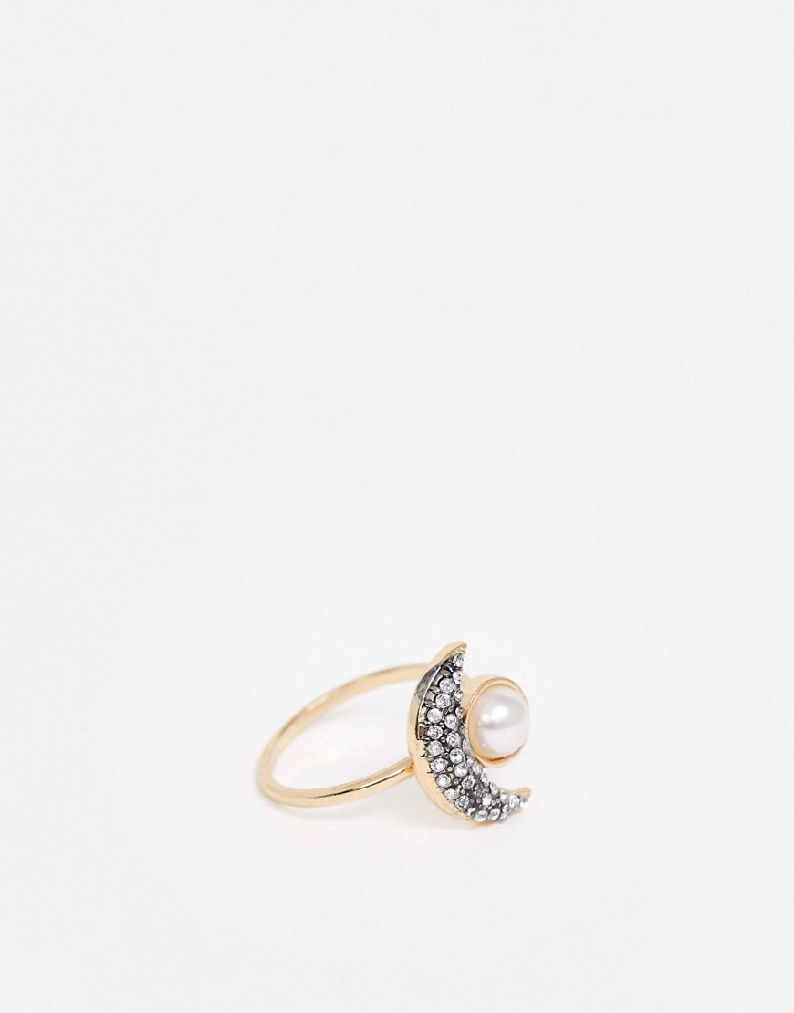 ASOS DESIGN ring with faux opal stone and moon in gold tone