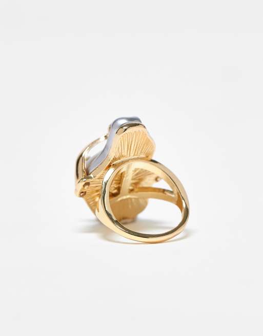 ASOS DESIGN ring with faux pearl and crystal wrap around details in gold tone, 2 of 3