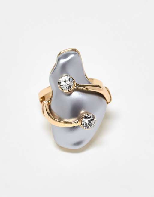 ASOS DESIGN ring with faux pearl and crystal wrap around details in gold tone, 3 of 3